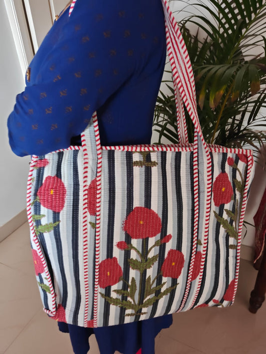 Striped Floral Handblock Printed Quilted Tote Bag with concealed zip 15x 18x 5 inches