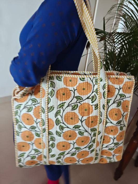 Yellow White Floral Block print tote bag - Handblock quilted women's bags - Women's handbag