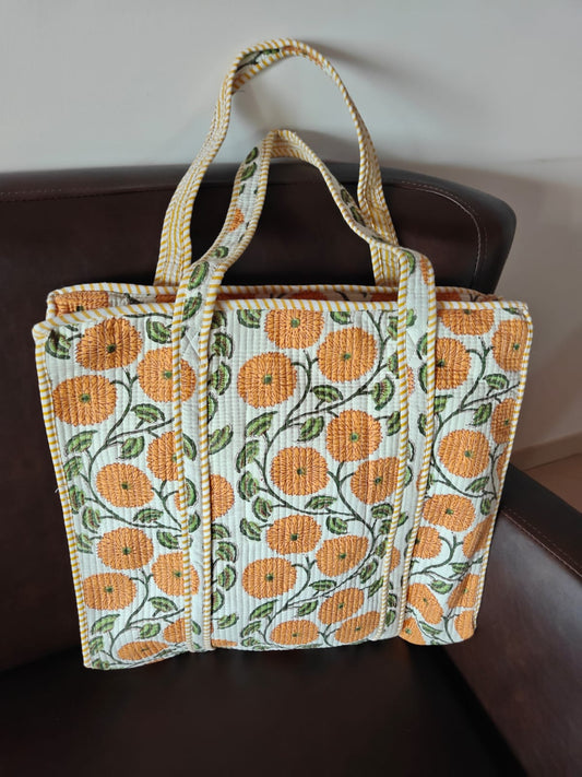 Yellow White Floral Block print tote bag - Handblock quilted women's bags - Women's handbag