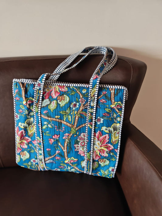 Blue Floral Hand block Printed Quilted Tote Bag with concealed zip 15x 18x 5 inches