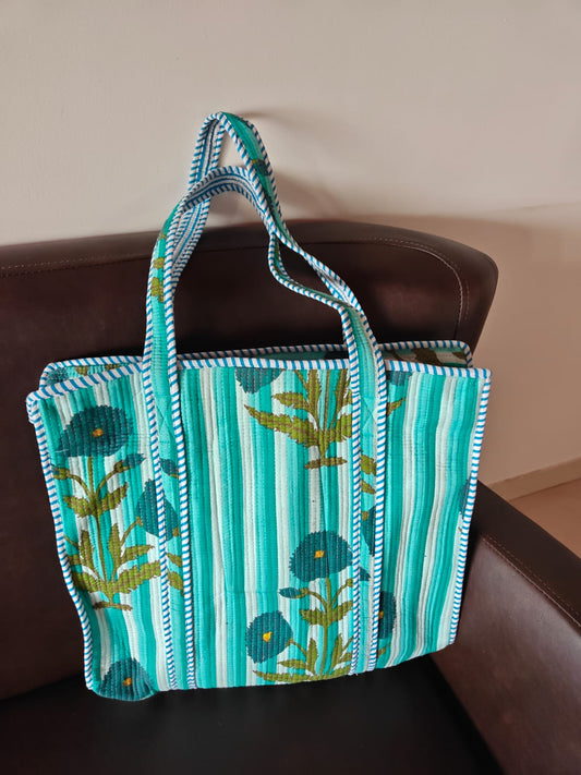 Striped Teal Green White Printed  Palm Tree Tote Bag For Girl Women