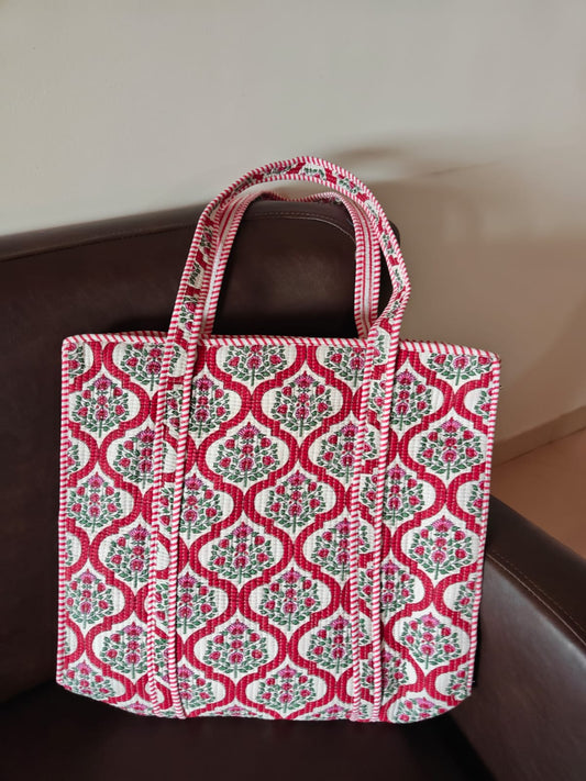 Stylish Damask Floral Handblock Printed Quilted Tote Bag with zip 15x 18x 5 inches