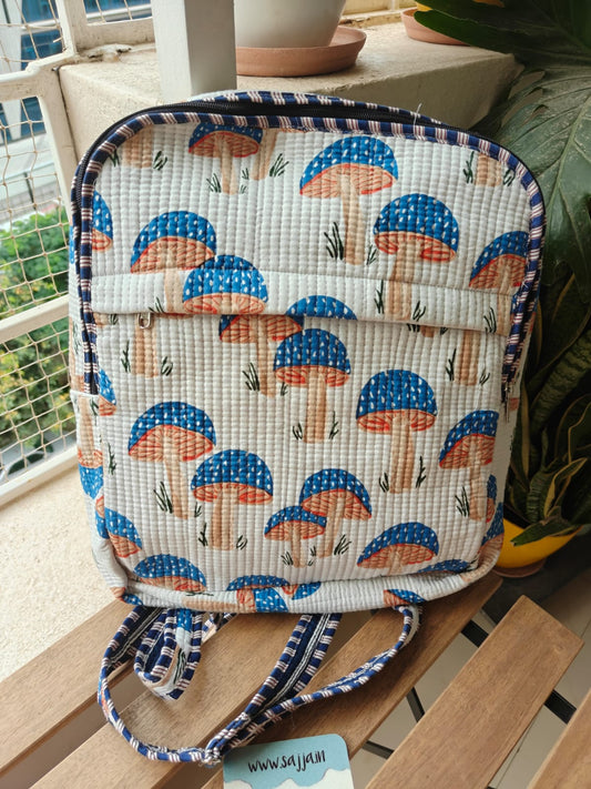 Sajja Quilted block print back pack - Laptop back pack - Trendy Mushrooms