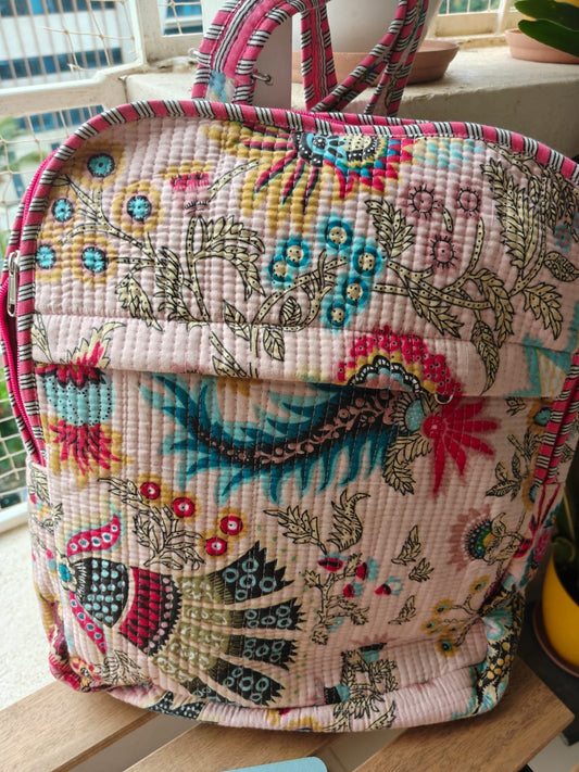 Sajja Quilted block print back pack - Floral Pink back pack - Girl Women