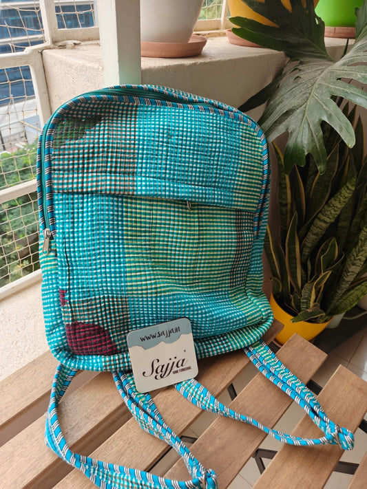 Sajja Quilted block print back pack - Laptop back pack - Checkered Teal