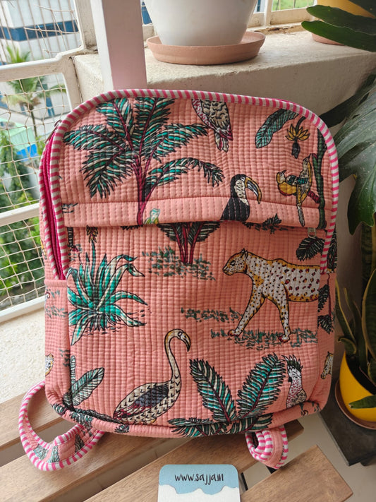 Sajja Quilted block print back pack - Toddler back pack - Peach Jungle print