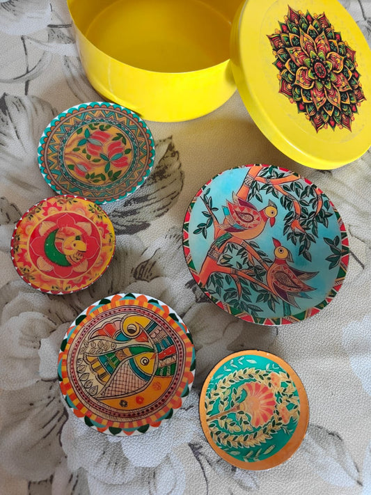Madhubani Fridge Magnet Collection (5 pcs) – Handmade Indian Art Décor & Return Gifts