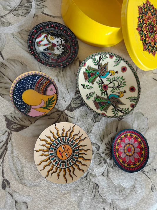 Madhubani Art Fridge Magnets (Set of 5) – Ethnic Indian Souvenir & Decorative Gift