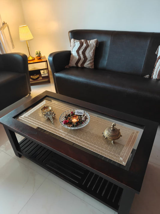 Stylish LASER CUT METALLIC DINING TABLE RUNNER (Size 13 x 36 Inches) Golden Waterproof, Heat Resistant, Non-Slip, Easy to Clean Soft Table Runner for Coffee Table, Dining Table and Centre Table