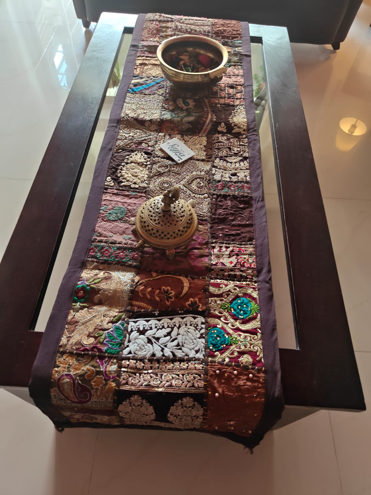 Patchwork Khambadyia Embroidered Brown Cotton Table Runner