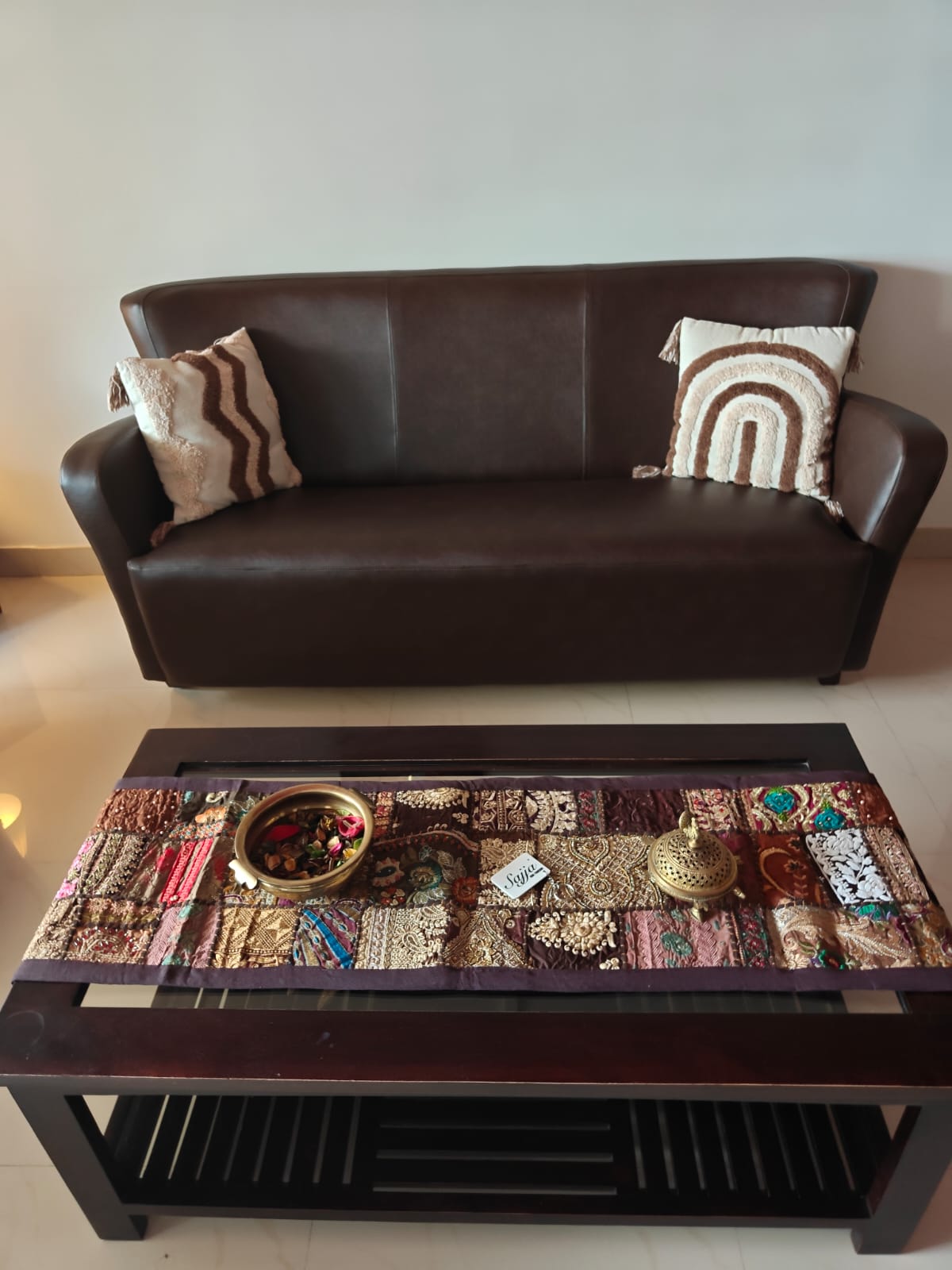 Patchwork Khambadyia Embroidered Brown Cotton Table Runner
