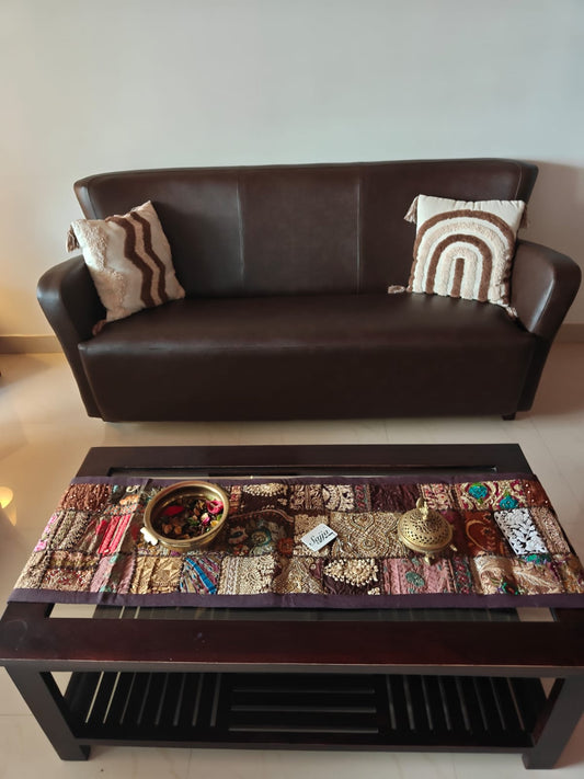 Patchwork Khambadyia Embroidered Brown Cotton Table Runner