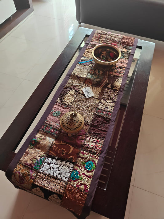 Patchwork Khambadyia Embroidered Brown Cotton Table Runner