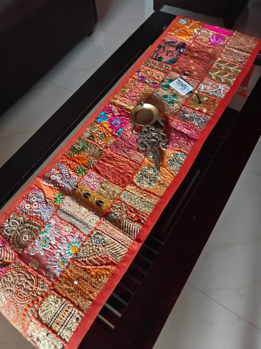 Ethnic Khambadiya Embroidery Orange Cotton Table Runner ( 14x 60 inches)