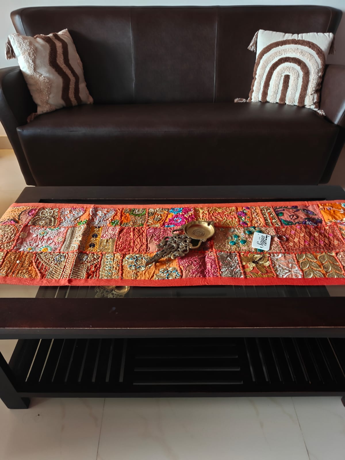Ethnic Khambadiya Embroidery Orange Cotton Table Runner ( 14x 60 inches)