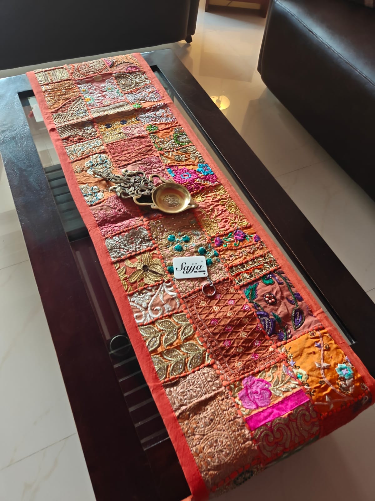 Ethnic Khambadiya Embroidery Orange Cotton Table Runner ( 14x 60 inches)