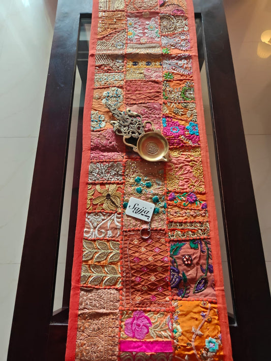 Ethnic Khambadiya Embroidery Orange Cotton Table Runner ( 14x 60 inches)