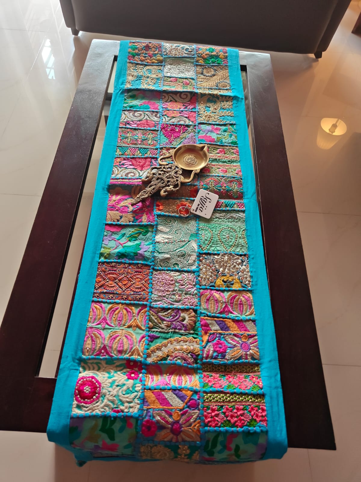 Blue Khambadiya Patchwork Table Runner   (14 x 60 inches)