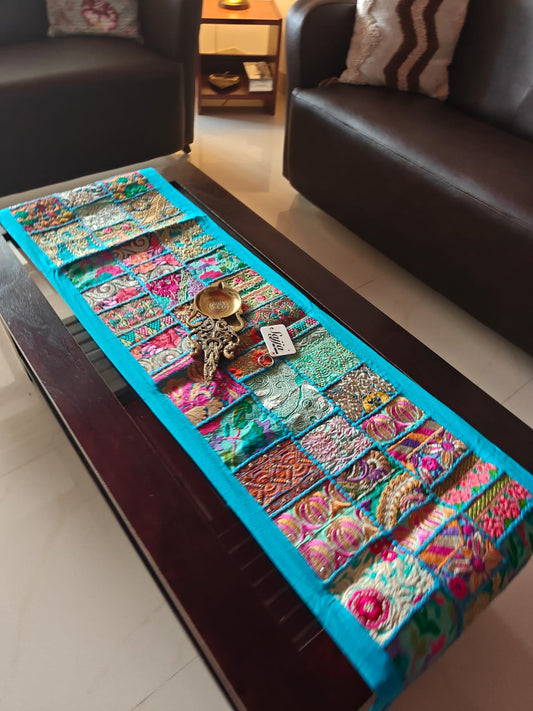 Blue Khambadiya Patchwork Table Runner (Onesize)  (14 x 60 inches)