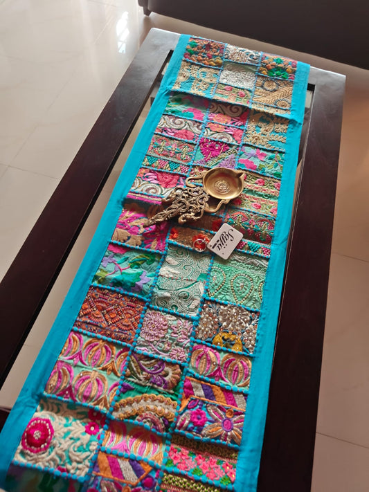 Blue Khambadiya Patchwork Table Runner (Onesize)  (14 x 60 inches)