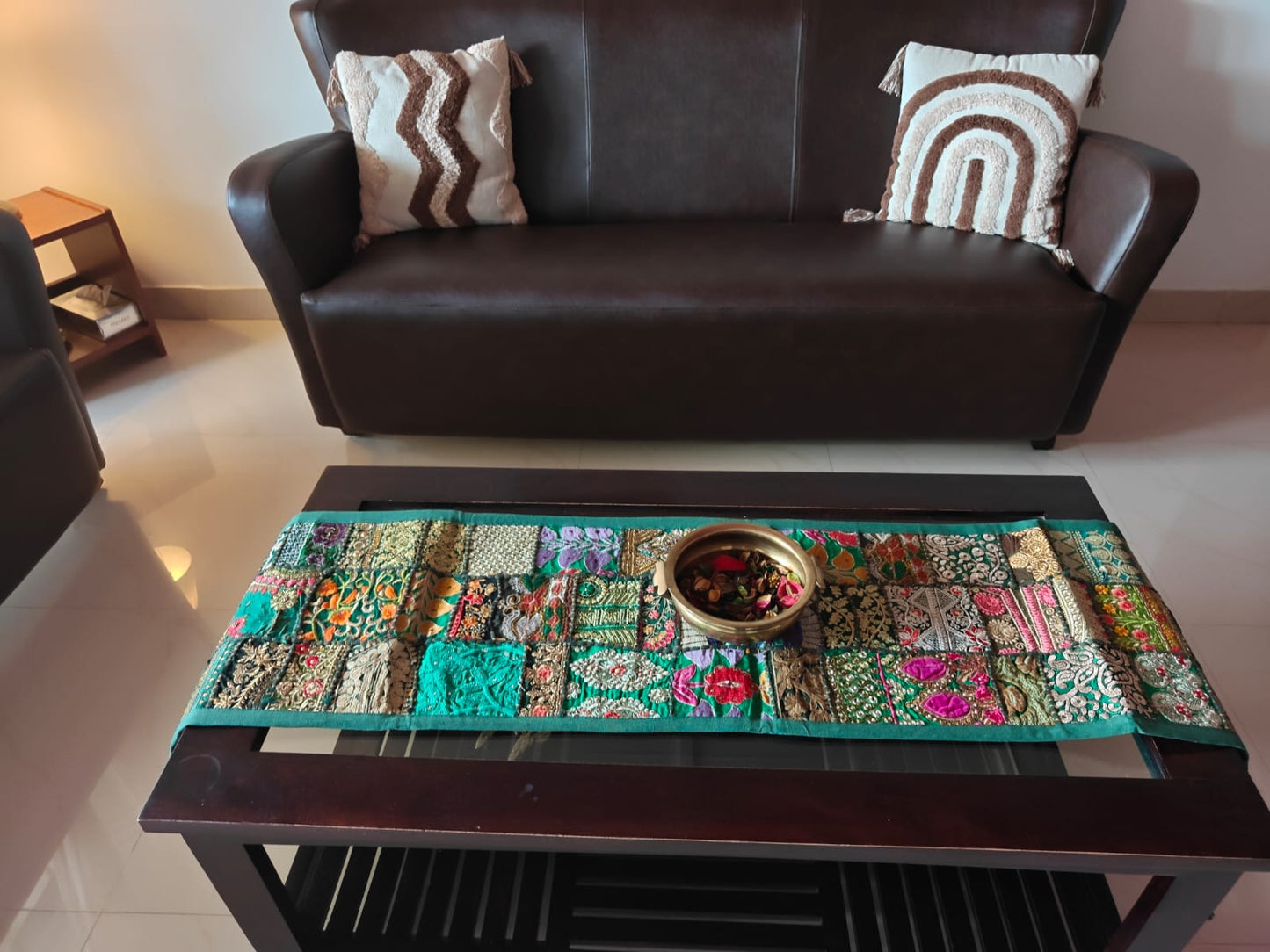 Antique Ethnic Embroidered Green Cotton Table Runner (14 x 60 inches)