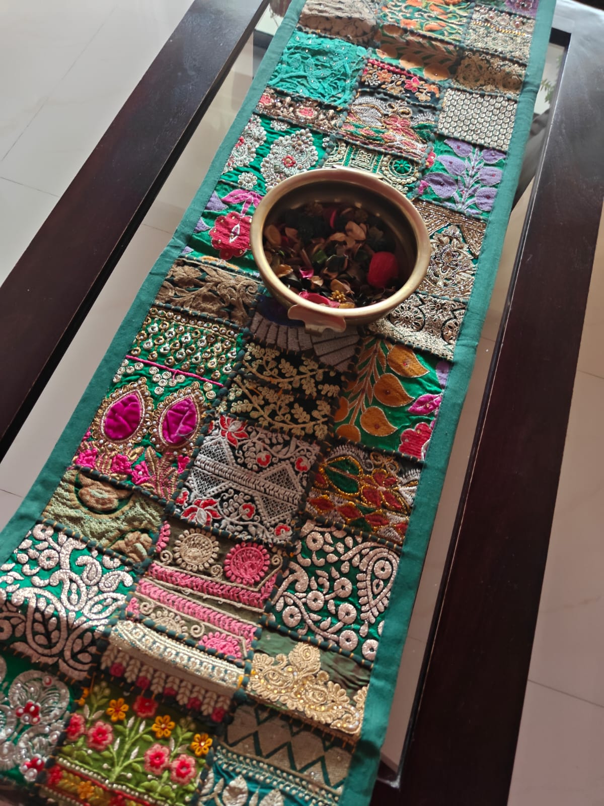 Antique Ethnic Embroidered Green Cotton Table Runner (14 x 60 inches)