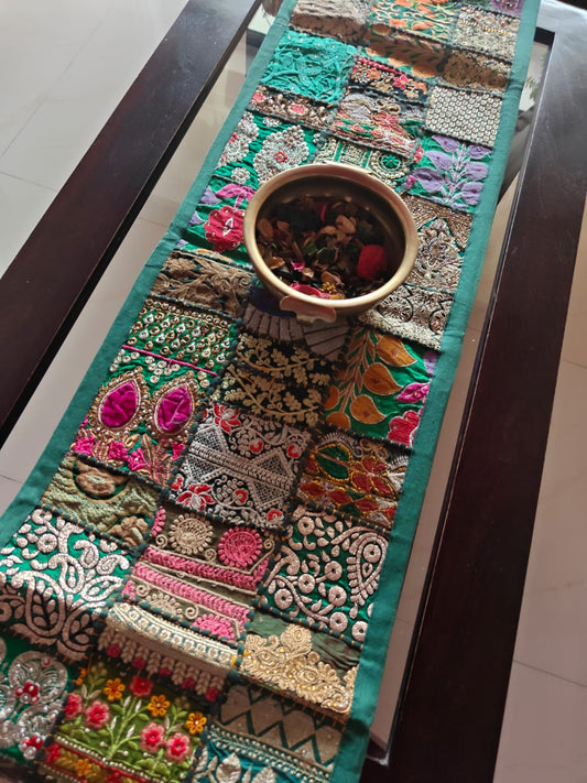 Antique Ethnic Embroidered Green Cotton Table Runner (14 x 60 inches)