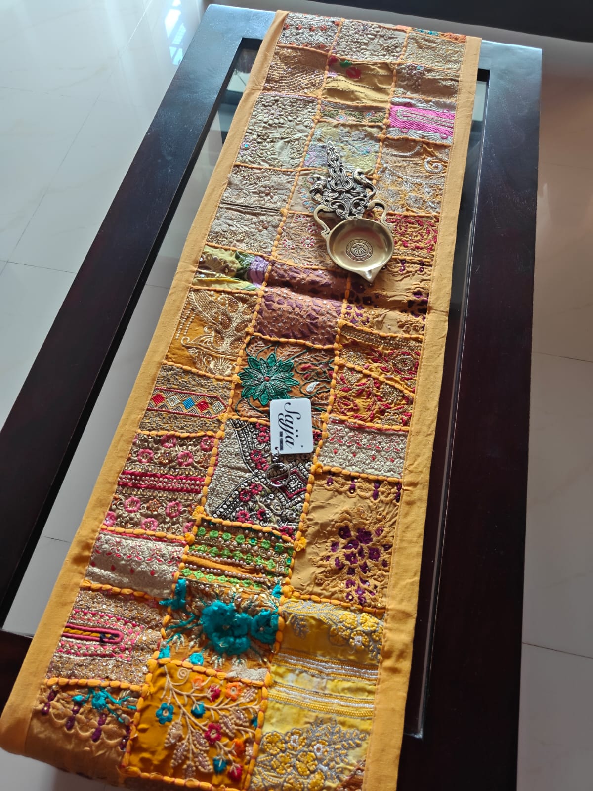 Elegant Ethnic Rectangular Festive Yellow Cotton Table Runner (14 x 60 inches)