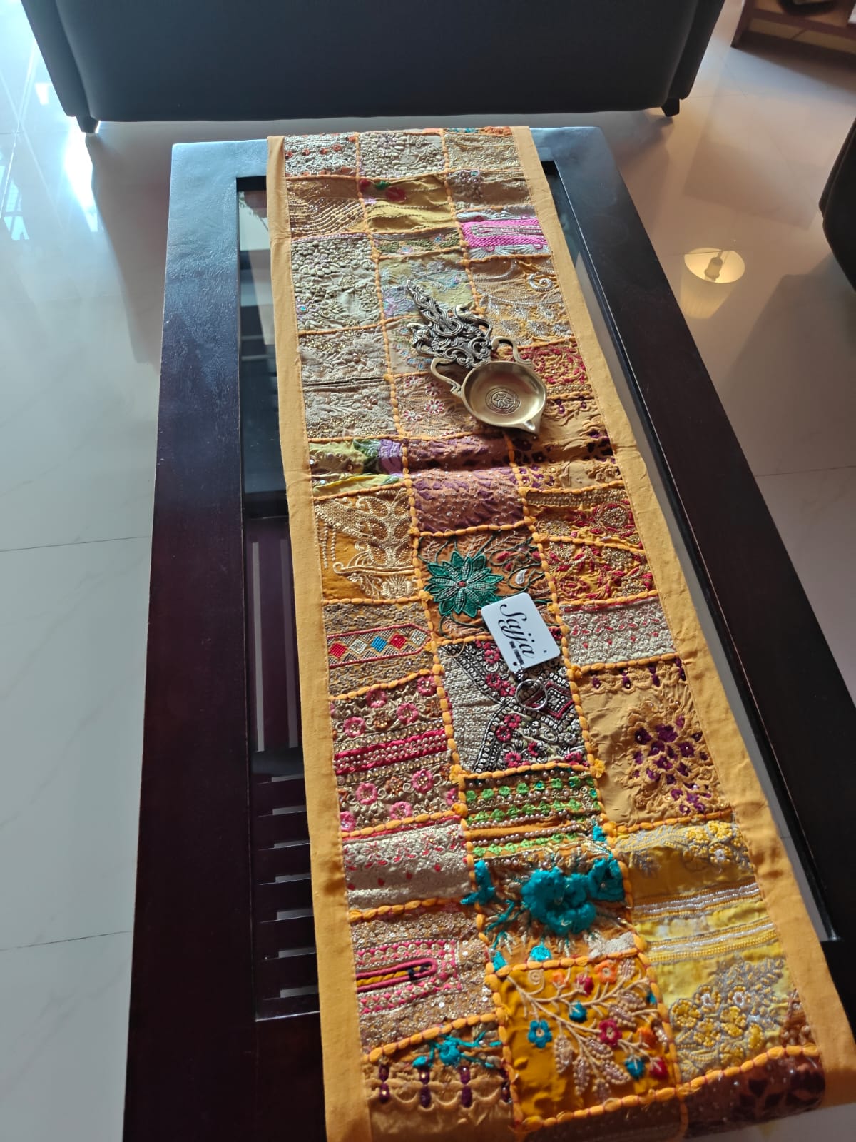 Elegant Ethnic Rectangular Festive Yellow Cotton Table Runner (14 x 60 inches)
