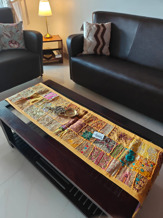 Elegant Ethnic Rectangular Festive Yellow Cotton Table Runner (14 x 60 inches)