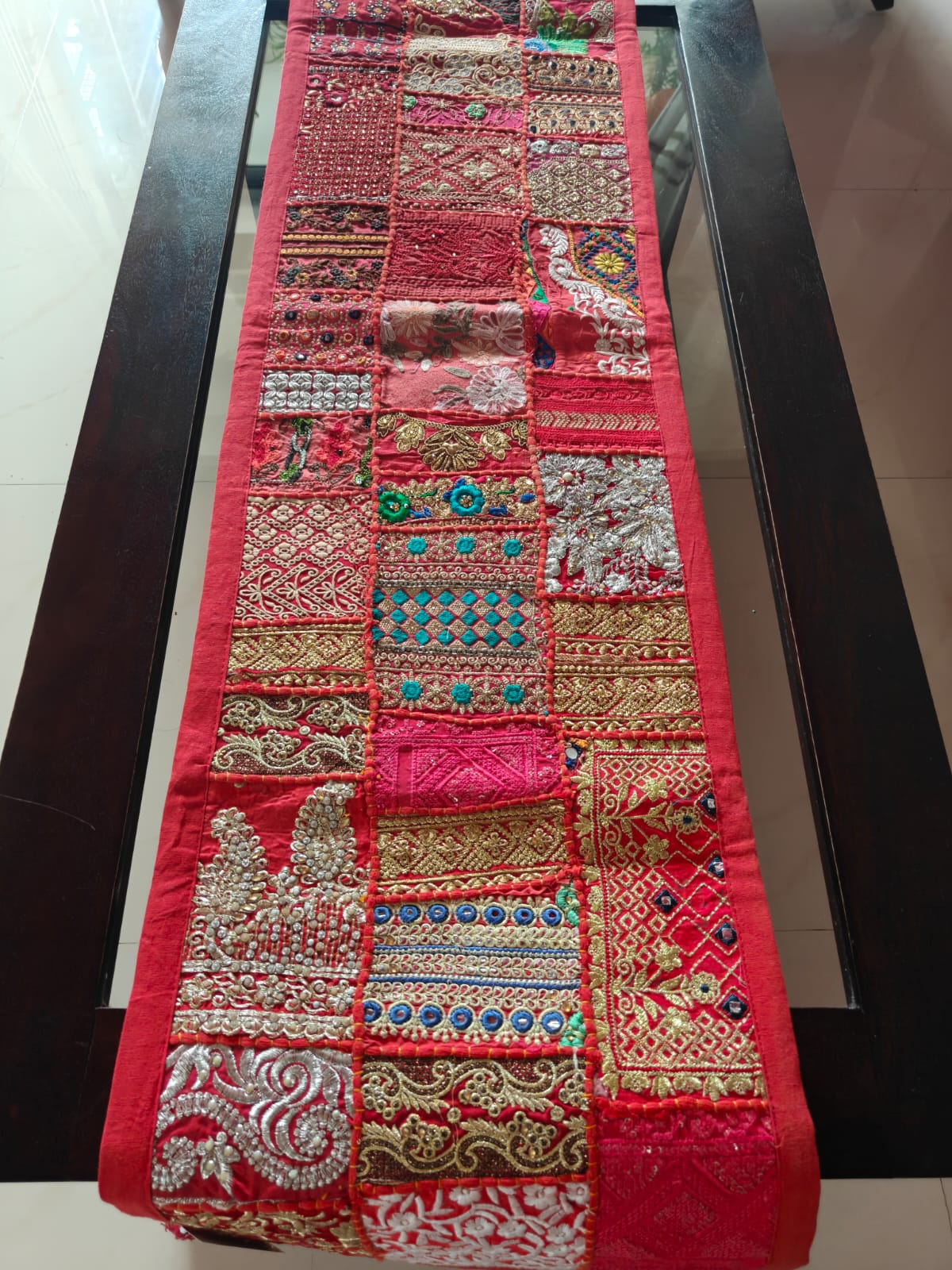 Ethnic Rectangular Khambadiya Embroidery Red Cotton Table Runner ( 14x 60 inches)