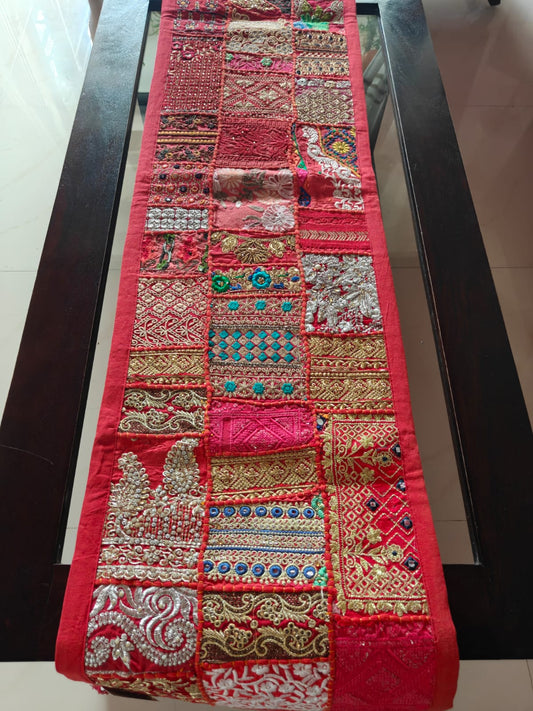Ethnic Rectangular Khambadiya Embroidery Red Cotton Table Runner ( 14x 60 inches)