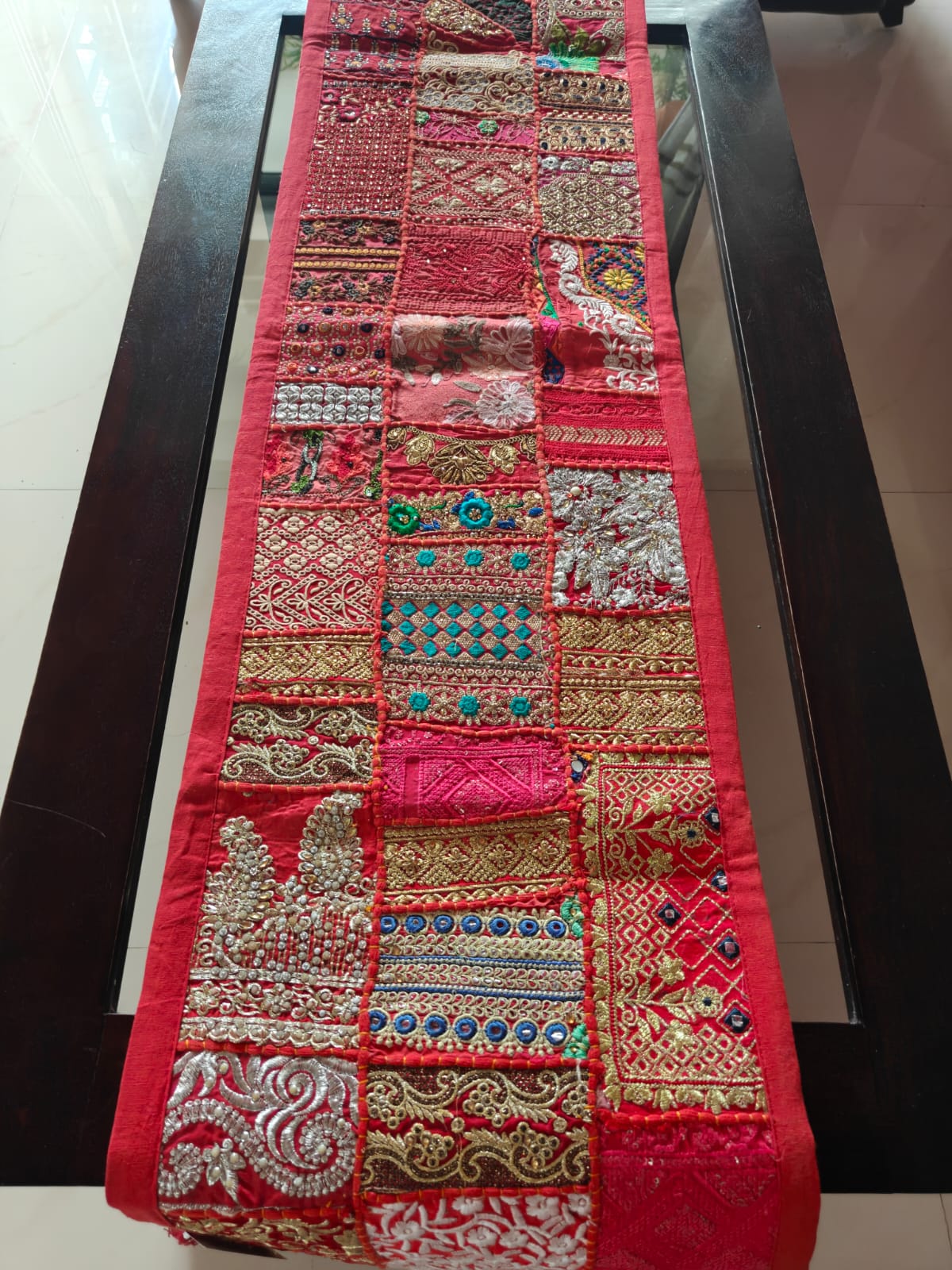 Ethnic Rectangular Khambadiya Embroidery Red Cotton Table Runner ( 14x 60 inches)