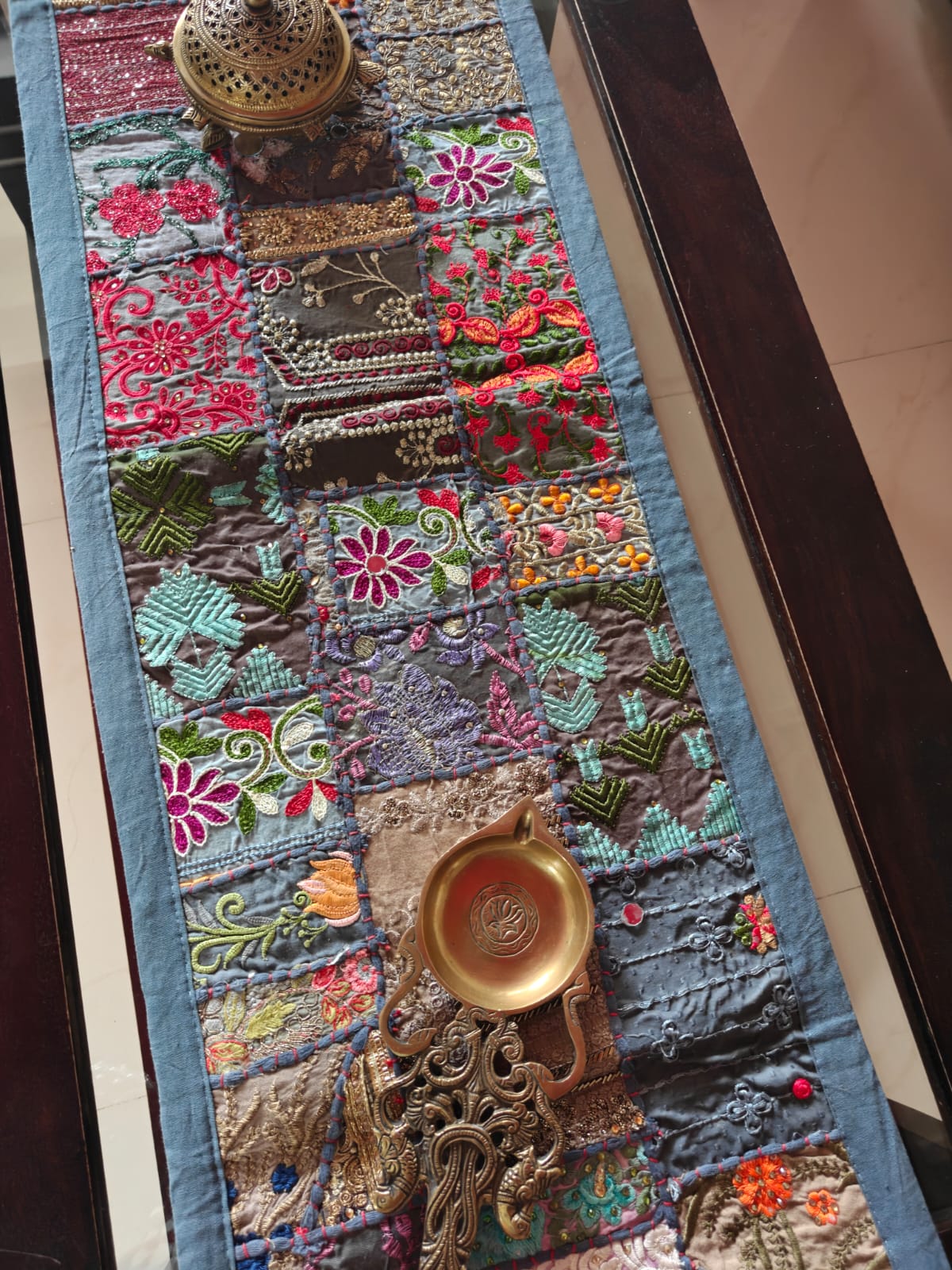 Grey Handmade Embroidered Patchwork Multicolor Cotton Table Runner