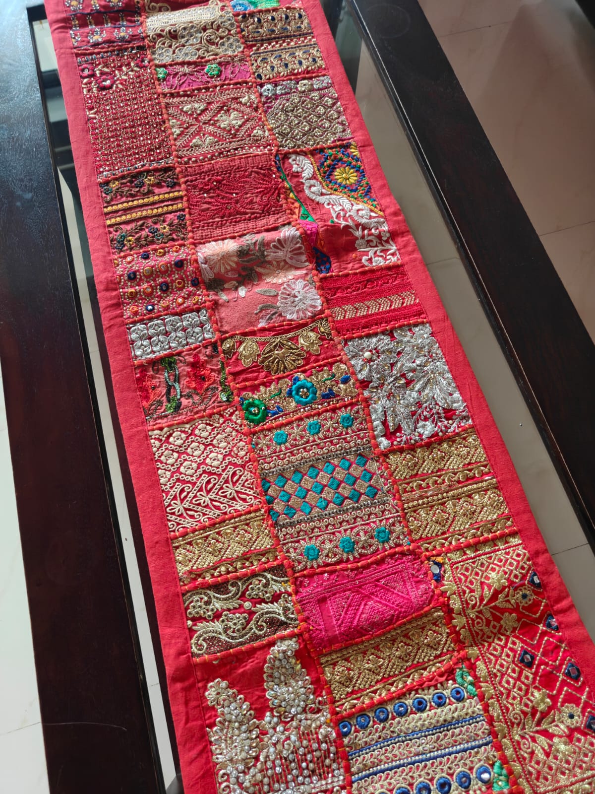 Ethnic Rectangular Khambadiya Embroidery Red Cotton Table Runner ( 14x 60 inches)