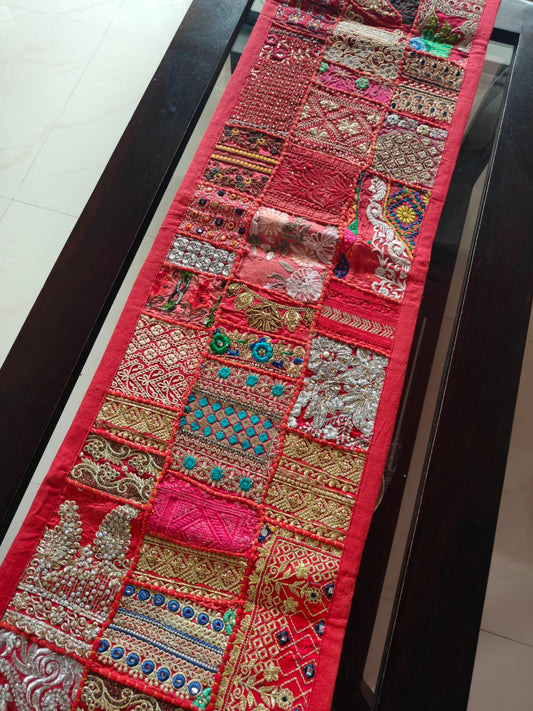 Ethnic Rectangular Khambadiya Embroidery Red Cotton Table Runner ( 14x 60 inches)