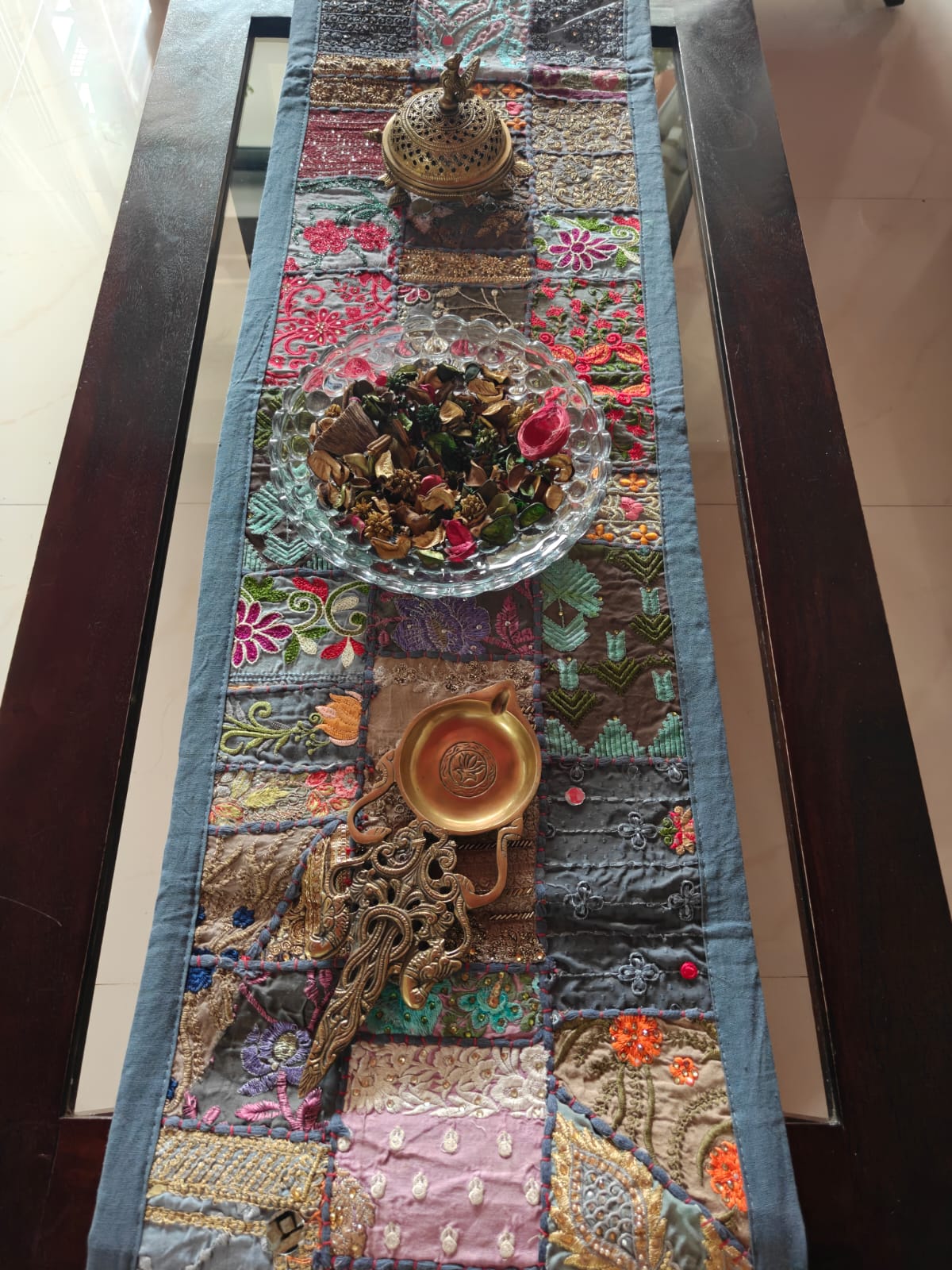 Grey Handmade Embroidered Patchwork Multicolor Cotton Table Runner