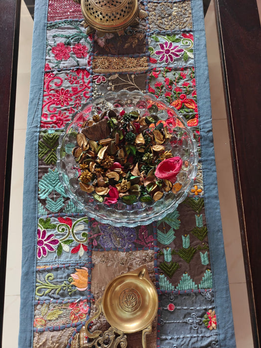 Grey Handmade Embroidered Patchwork Multicolor Cotton Table Runner