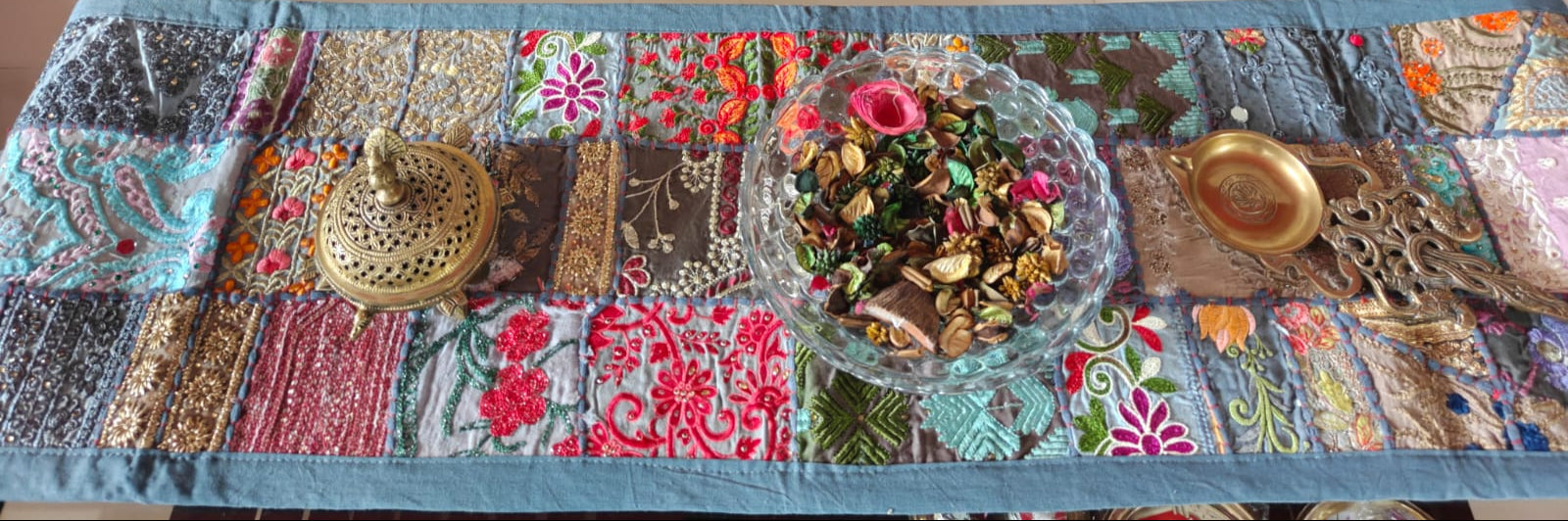 Grey Handmade Embroidered Patchwork Multicolor Cotton Table Runner