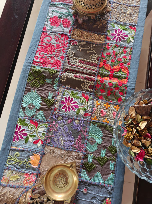 Grey Handmade Embroidered Patchwork Multicolor Cotton Table Runner