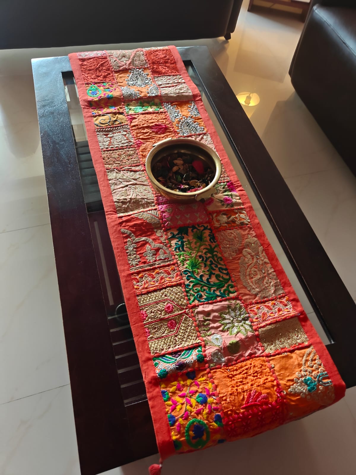 Orange Patchwork Embroidered Cotton Khambadiya Patchwork Table Runner