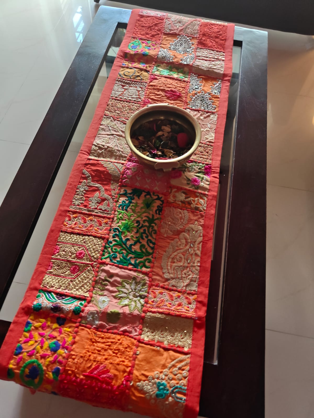 Orange Patchwork Embroidered Cotton Khambadiya Patchwork Table Runner