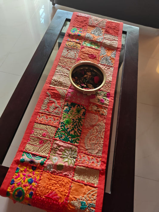 Orange Patchwork Embroidered Cotton Khambadiya Patchwork Table Runner