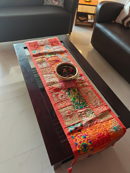 Orange Patchwork Embroidered Cotton Khambadiya Patchwork Table Runner