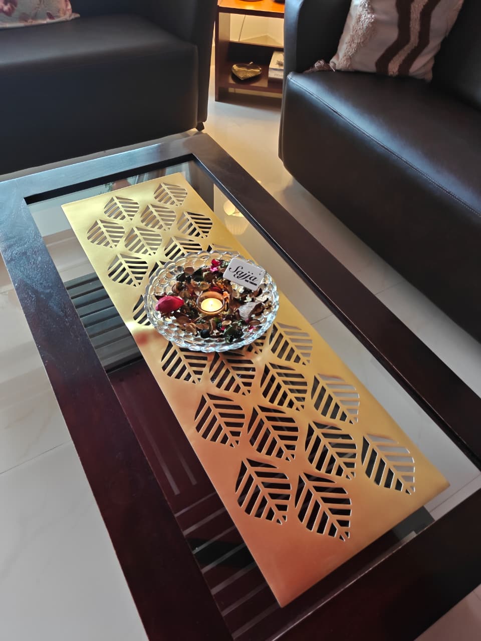 Poinsettia Gold Table Runner Rexine poly vinyl cutwork 13 x 36 Gold for Coffee Table, Dining Table and Centre Table