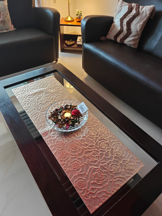 Floral Rose Soft Rexene poly vinyl cutwork 13 x 36 Gold Table Runner