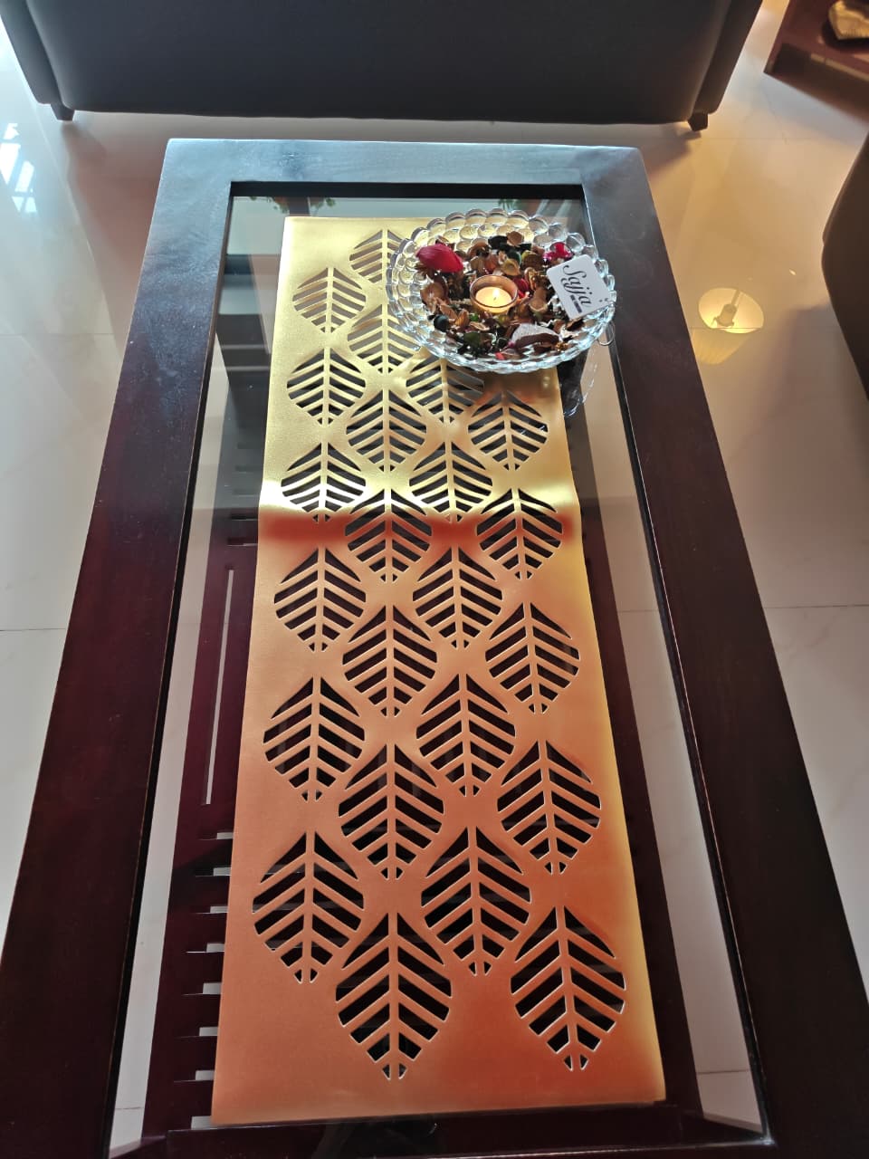 Poinsettia Gold Table Runner Rexine poly vinyl cutwork 13 x 36 Gold for Coffee Table, Dining Table and Centre Table