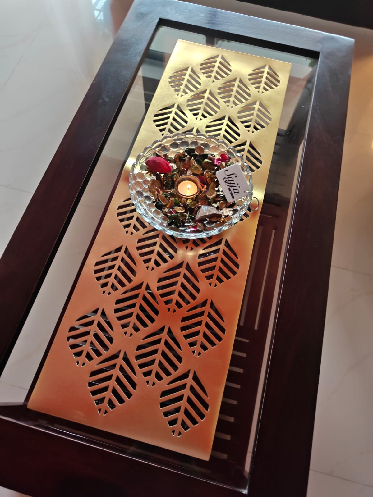 Poinsettia Gold Table Runner Rexine poly vinyl cutwork 13 x 36 Gold for Coffee Table, Dining Table and Centre Table