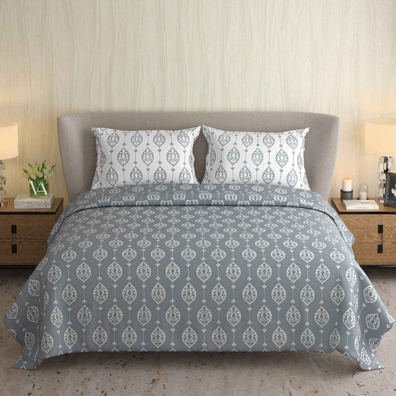 Designer French Luxury Living Cotton Modern Grey King Double Bedsheet 9 feet x 9 feet 
