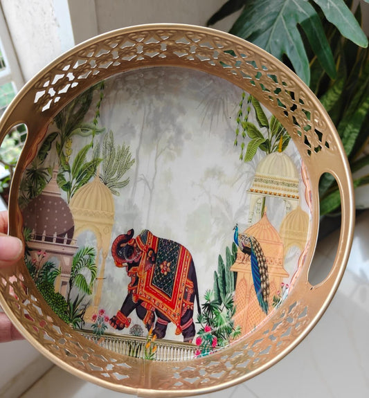 Gold Pichwai Decorative Tray with Royal Elephant & Peacock Motif 8 x 8 inches